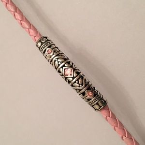 pink braided leather and silver bracelet